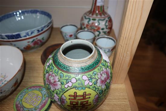 An 18th century Chinese famille rose cup and other Chinese porcelain tallest 40cm sq.